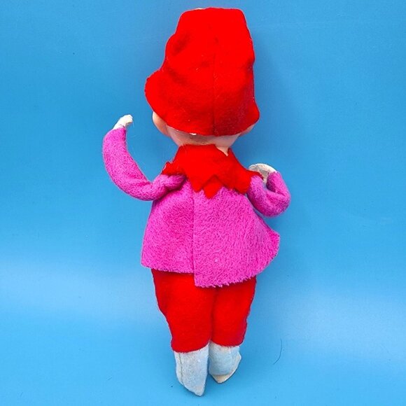 Vintage 1950s Pixie Elf Ornament Pink and Red Hat Pom-Poms Japan Felt Christmas - Picture 6 of 9
